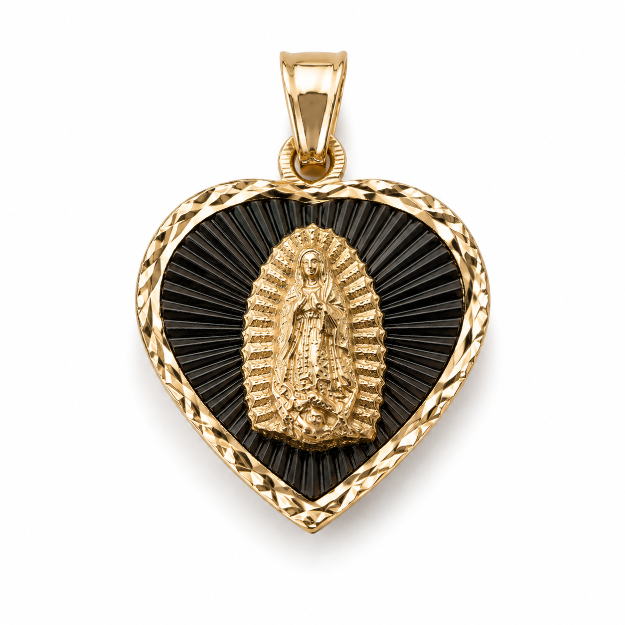 14K Gold Heart Virgin Mary Pendant - Dige Virgen de Guadalupe Corazón Oro 14K