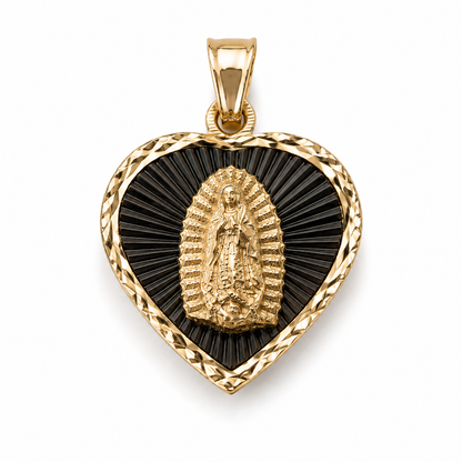14K Gold Heart Virgin Mary Pendant - Dige Virgen de Guadalupe Corazón Oro 14K