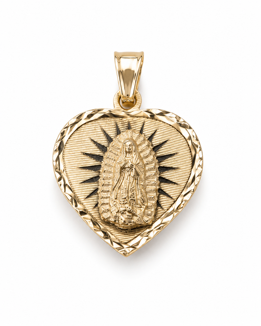 14K Gold Heart Virgin Mary Pendant - Dige Virgen de Guadalupe Corazón Oro 14K