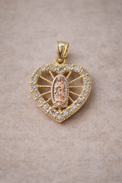 14K Gold Heart Virgin Mary Pendant - Dige Virgen de Guadalupe Corazón Oro 14K