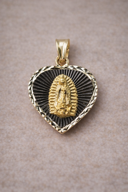14K Gold Heart Virgin Mary Pendant - Dige Virgen de Guadalupe Corazón Oro 14K