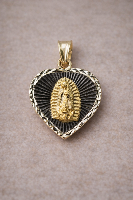 14K Gold Heart Virgin Mary Pendant - Dige Virgen de Guadalupe Corazón Oro 14K