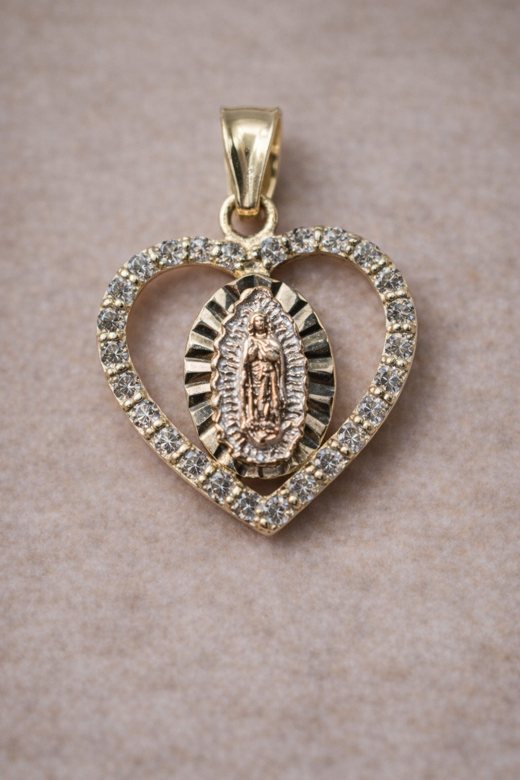 14K Gold Heart Virgin Mary Pendant - Dige Virgen de Guadalupe Corazón Oro 14K
