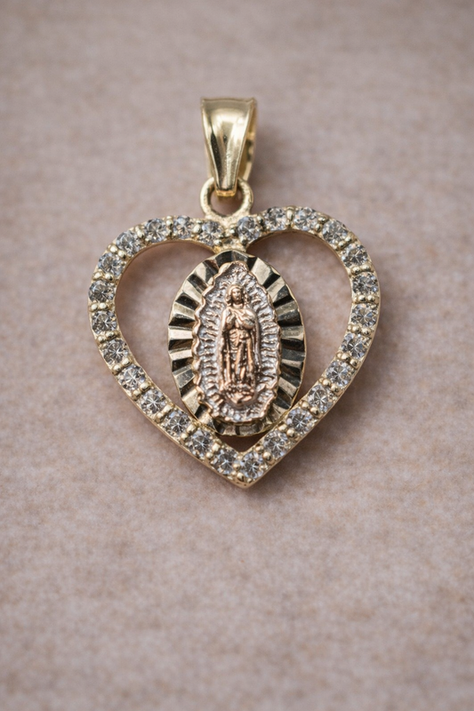 14K Gold Heart Virgin Mary Pendant - Dige Virgen de Guadalupe Corazón Oro 14K