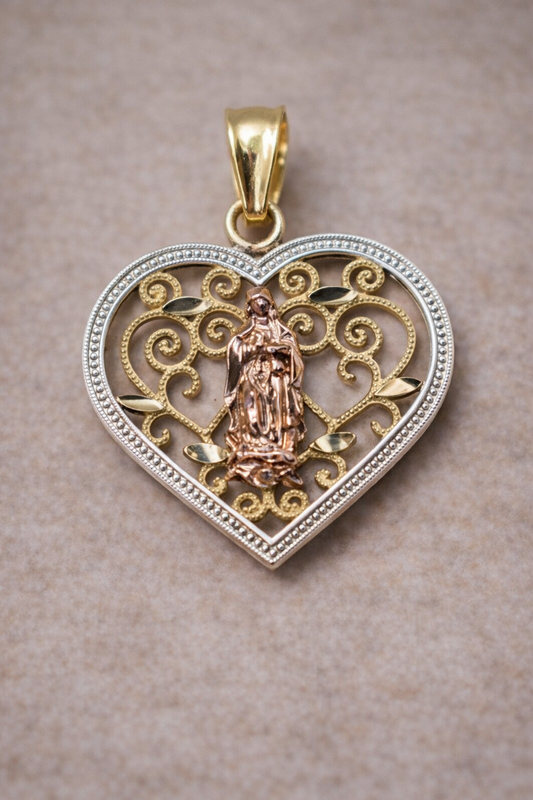 Heart-shaped pendant with intricate designs and a central figure on a beige background