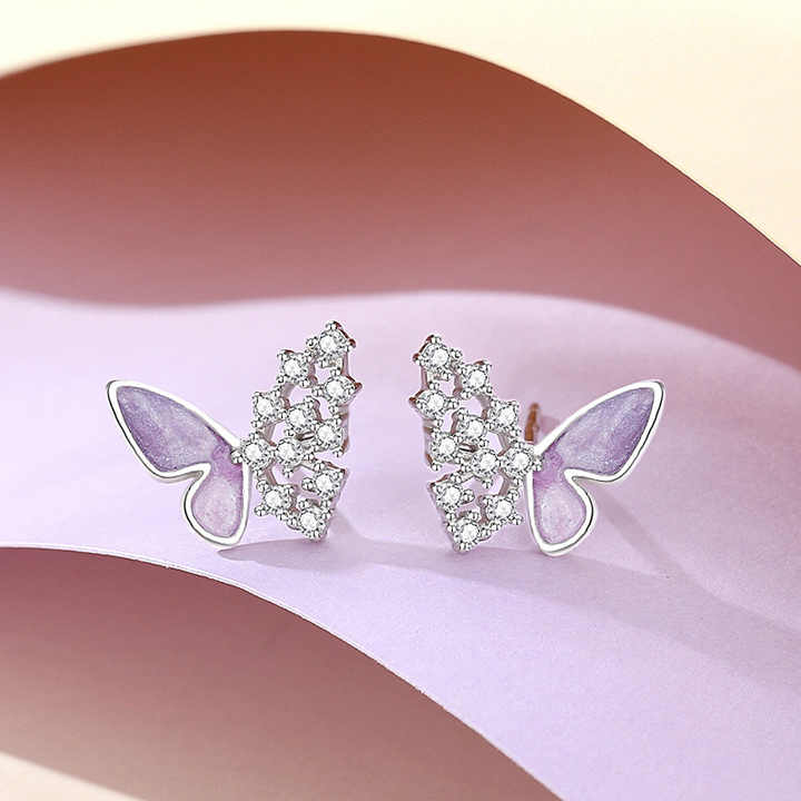 Plata de Ley 925, pendientes de mariposa púrpura para mujer