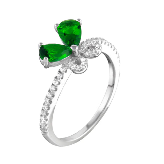 Rhodium Plated 925 Sterling Silver Green Butterfly CZ Ring