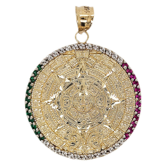 Aztec Calendar Medal Pendant Round Diacut 33mm Yellow Gold 14k