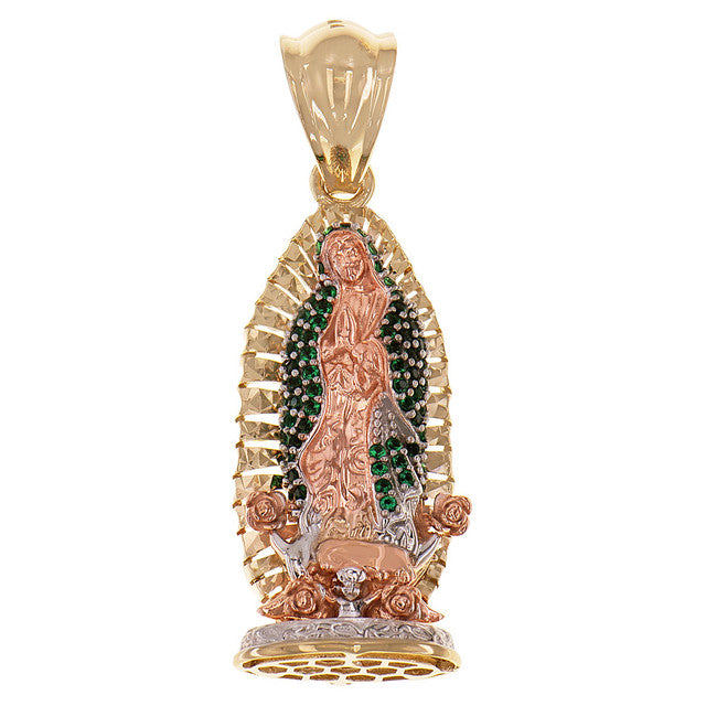 Guadalupe Virgin 3D Pendant CZ 11.5mm Tricolor Gold 14k