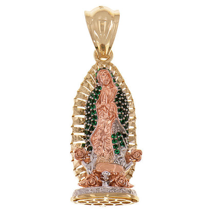 Guadalupe Virgin 3D Pendant CZ 11.5mm Tricolor Gold 14k