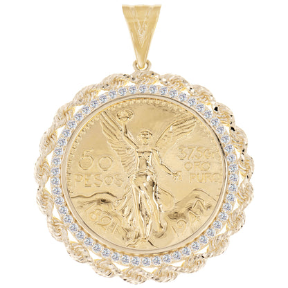 14K Gold Mexican Centenario Design with Rope CZ Bezel 49mm