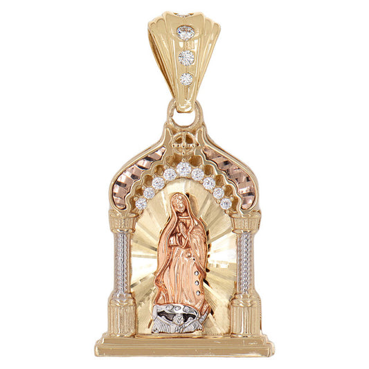 Virgin Church Shrine Religious Pendant 15mm CZ 14k Tricolor Gold