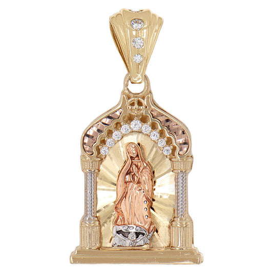 14K Tri-Color Gold Virgin Mary Shrine Pendant - Dige 14K Oro 3 Colores Templo de Virgen de Guadalupe