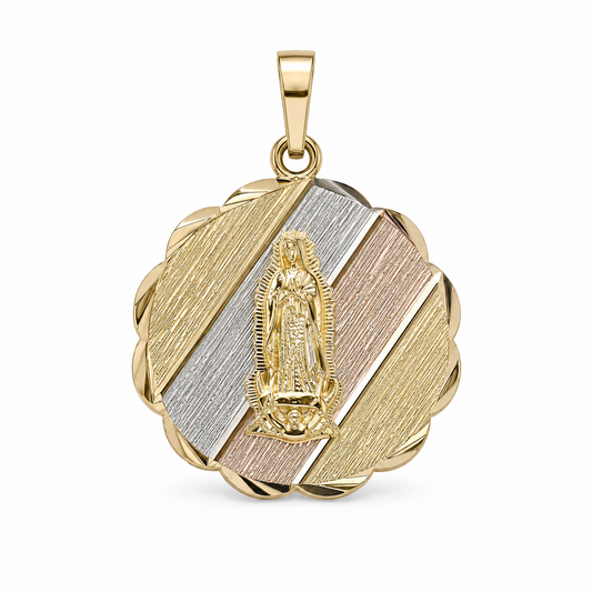 14K Gold Tri-Tone Virgen de Guadalupe Round Medallion Pendant