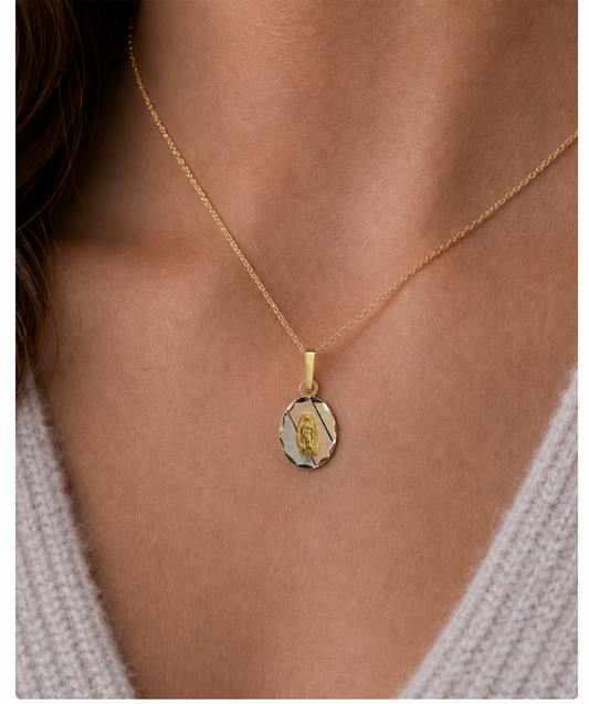 14K Gold Two-Tone Virgen de Guadalupe Faceted Oval Pendant
