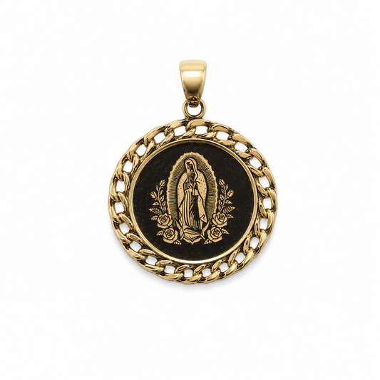 14K Gold Virgen de Guadalupe Engraved Round Curb-Frame Pendant