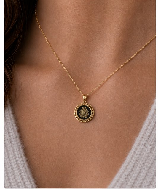 14K Gold Virgen de Guadalupe Engraved Round Curb-Frame Pendant