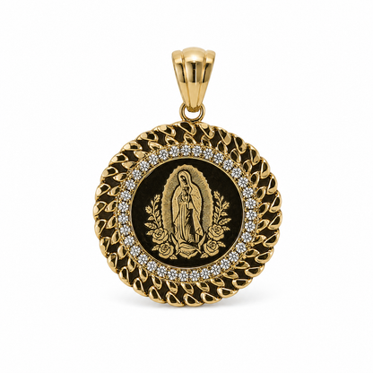 14K Gold Virgen de Guadalupe Large Pendant with Clear Stone Halo
