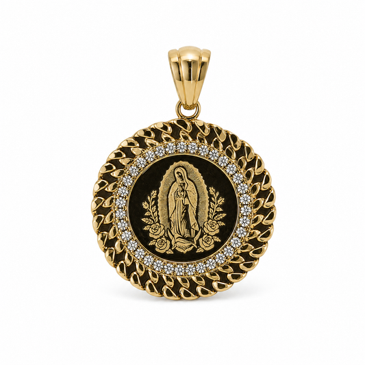 14K Gold Virgen de Guadalupe Large Pendant with Clear Stone Halo
