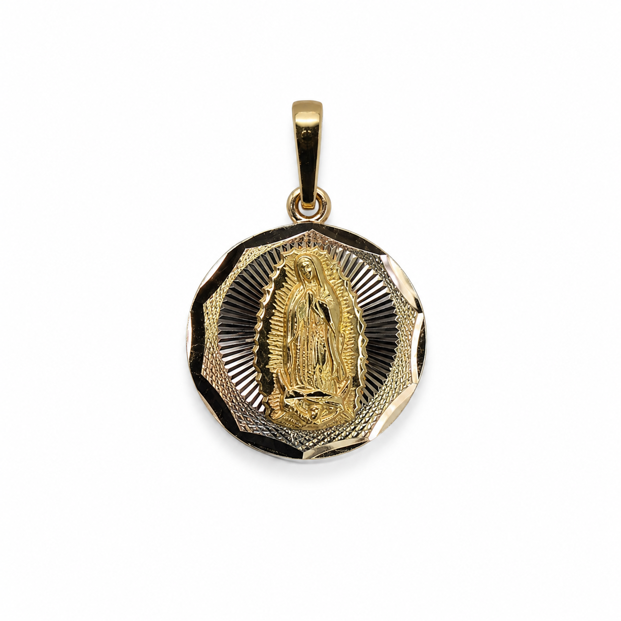 14K Two-Tone Virgen de Guadalupe Faceted Round Pendant Double Sided