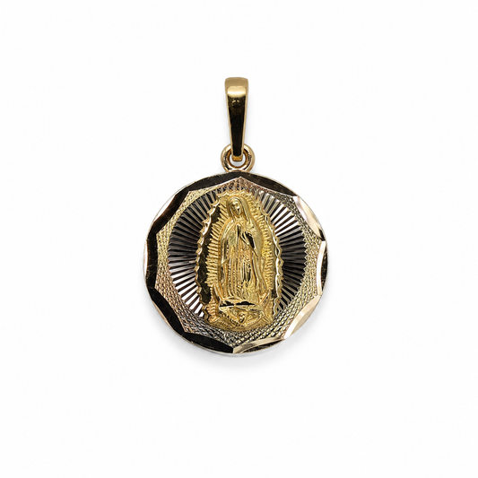 14K Two-Tone Virgen de Guadalupe Faceted Round Pendant Double Sided