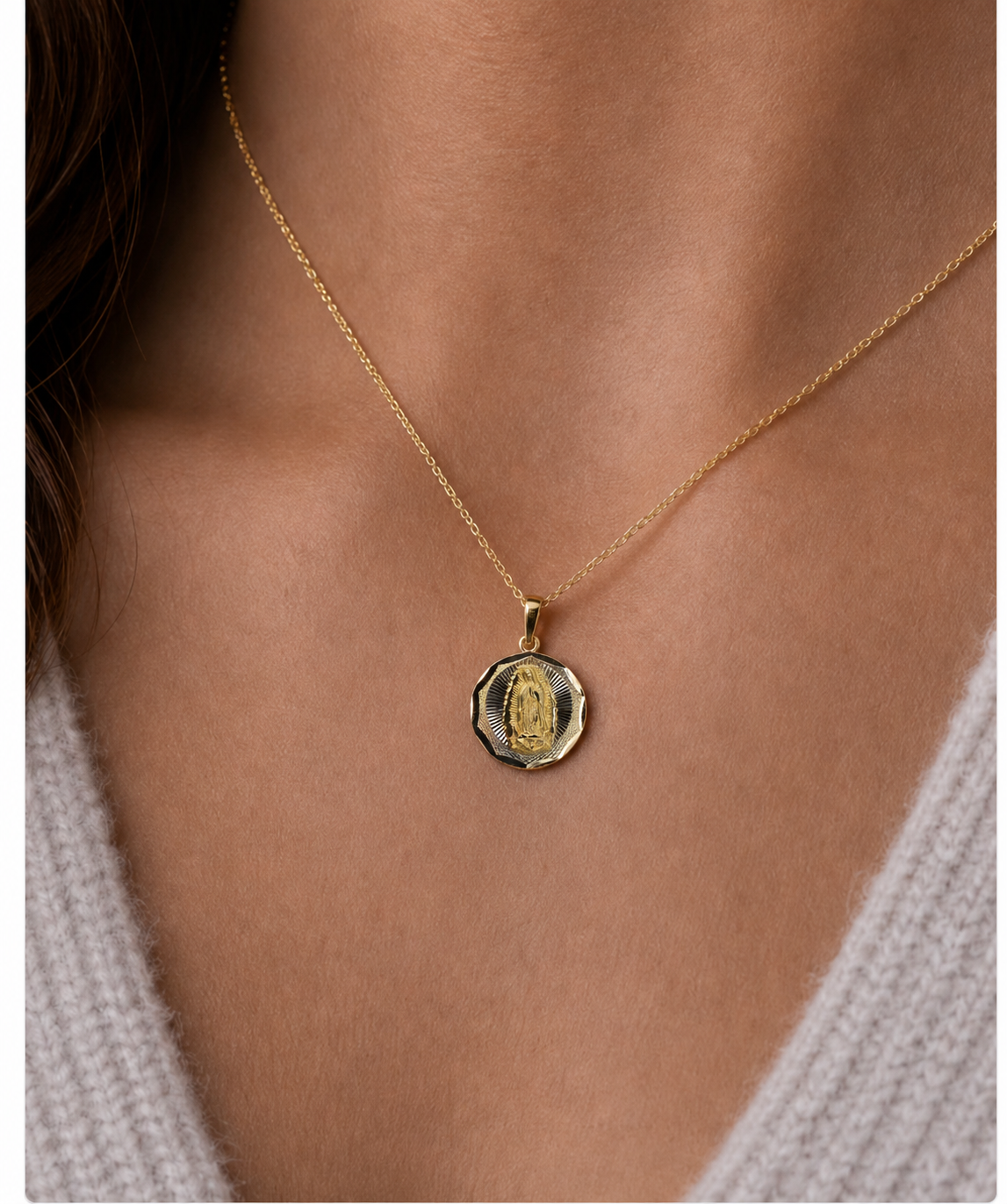 14K Two-Tone Virgen de Guadalupe Faceted Round Pendant Double Sided