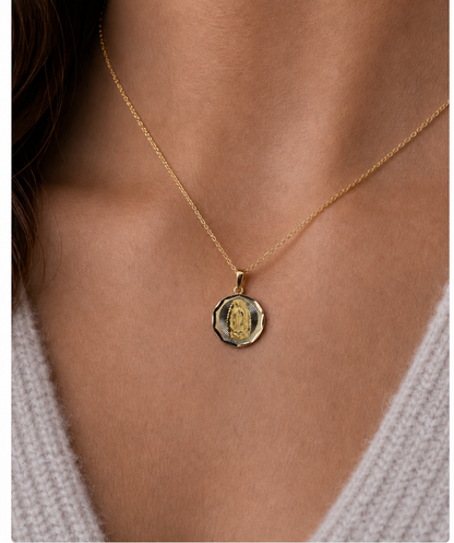 14K Two-Tone Virgen de Guadalupe Faceted Round Pendant Double Sided