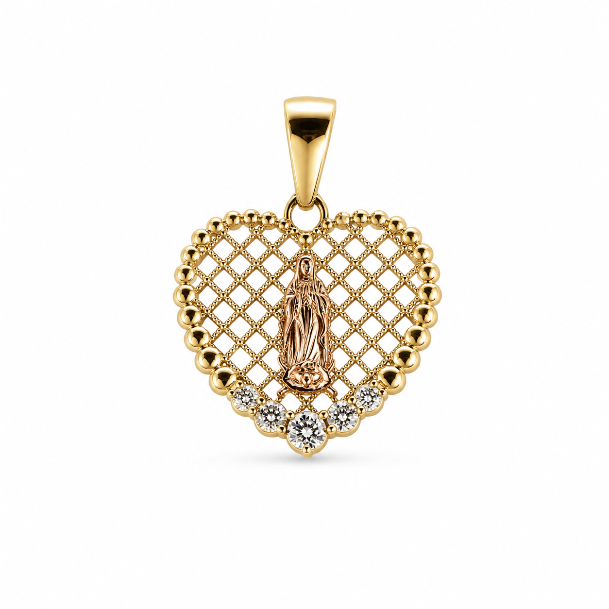 14K Gold Virgin Mary Heart Pendant - Dige Virgen de Guadalupe en forma de Corazon 14K