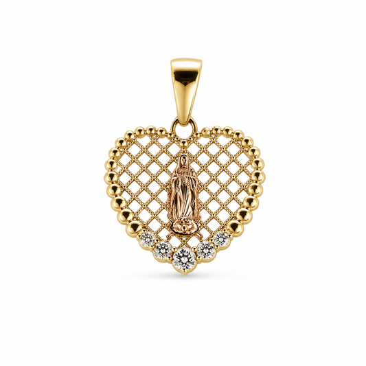 14K Gold Virgin Mary Heart Pendant - Dige Virgen de Guadalupe en forma de Corazon 14K