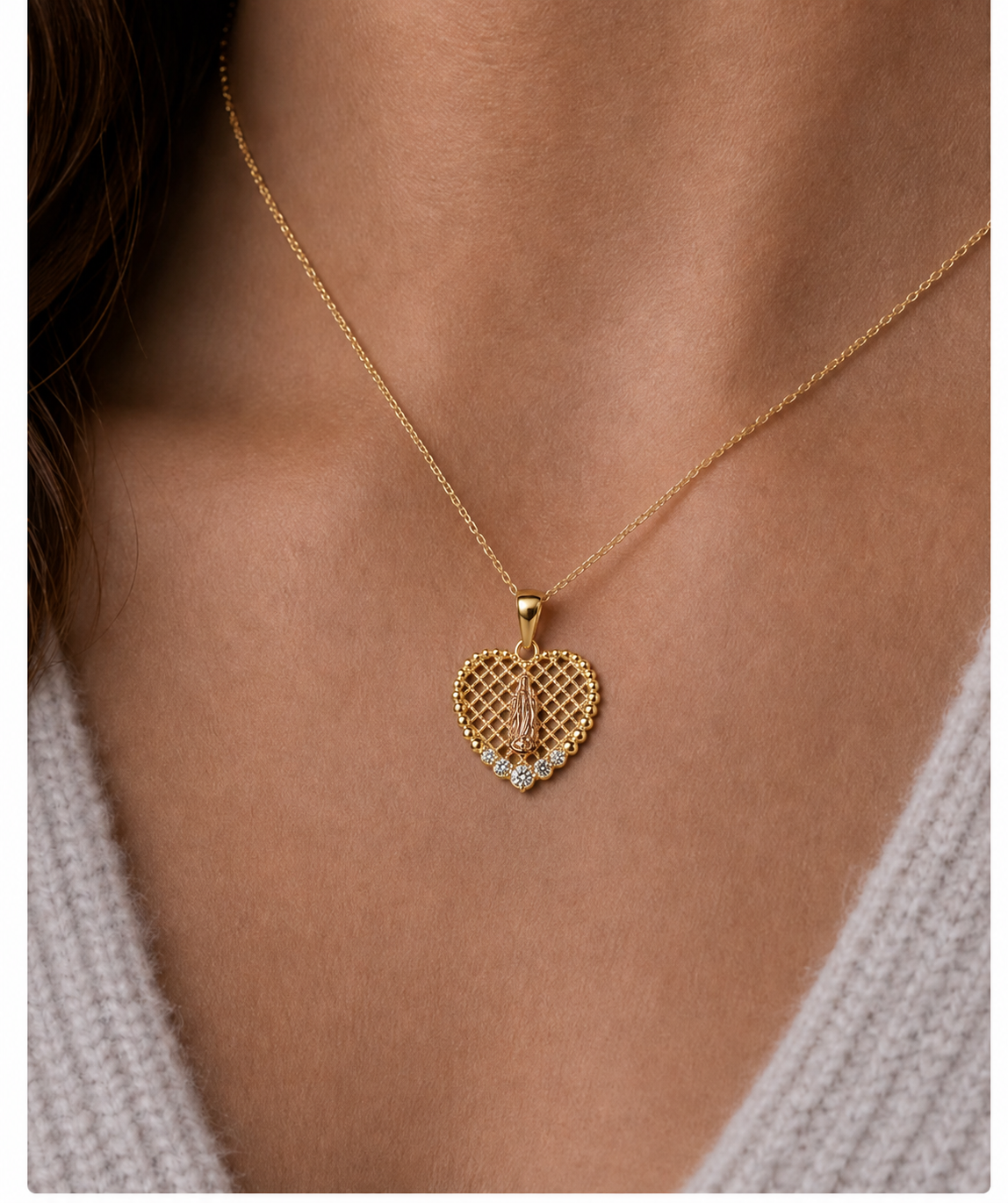 14K Gold Virgin Mary Heart Pendant - Dige Virgen de Guadalupe en forma de Corazon 14K