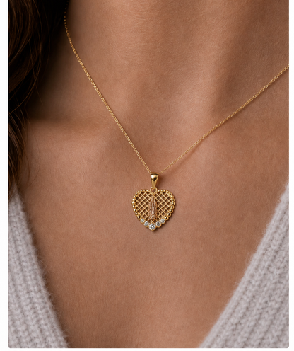 14K Gold Virgin Mary Heart Pendant - Dige Virgen de Guadalupe en forma de Corazon 14K