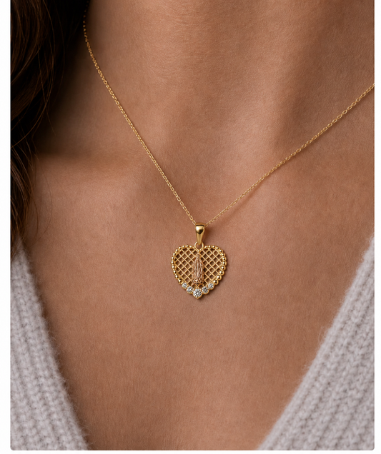 14K Gold Virgin Mary Heart Pendant - Dige Virgen de Guadalupe en forma de Corazon 14K