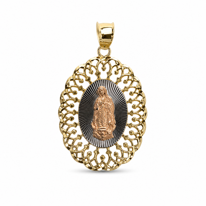 14K Tri-Tone Virgen de Guadalupe Oval Openwork Pendant