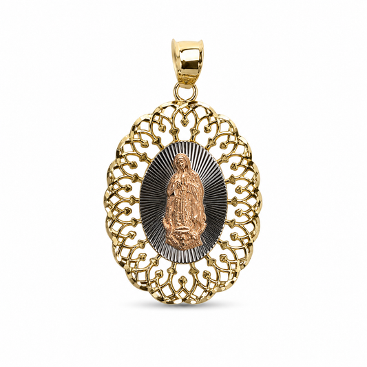 14K Tri-Tone Virgen de Guadalupe Oval Openwork Pendant