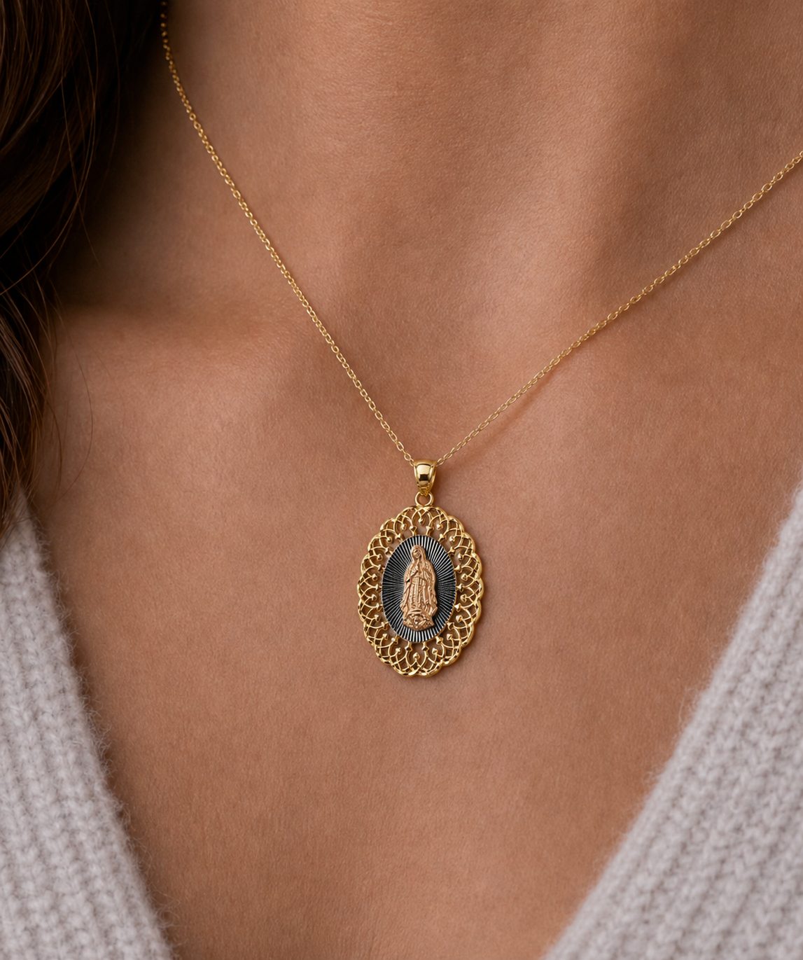 14K Tri-Tone Virgen de Guadalupe Oval Openwork Pendant