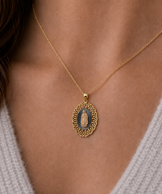 14K Tri-Tone Virgen de Guadalupe Oval Openwork Pendant