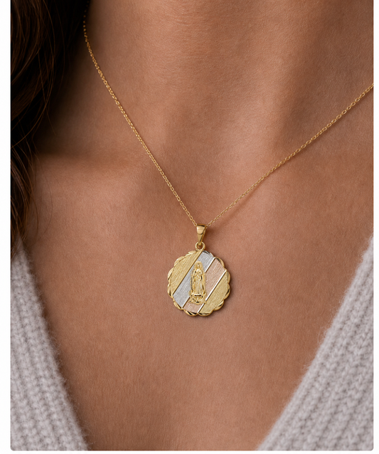 14K Gold Tri-Tone Virgen de Guadalupe Round Medallion Pendant