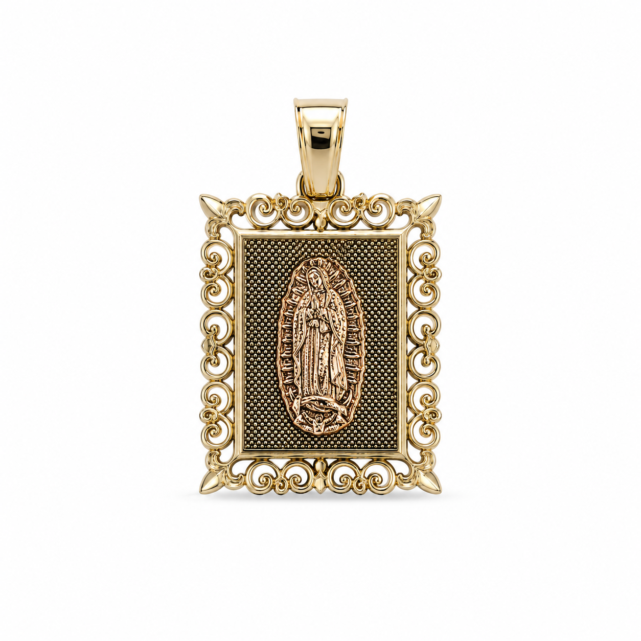14K Two-Tone Virgen de Guadalupe Rectangular Filigree Pendant