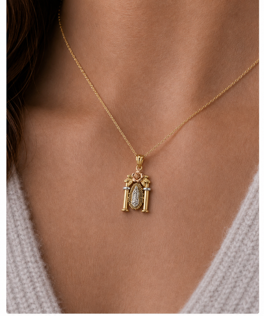 14K Tri-Tone Virgen de Guadalupe Shrine Pendant