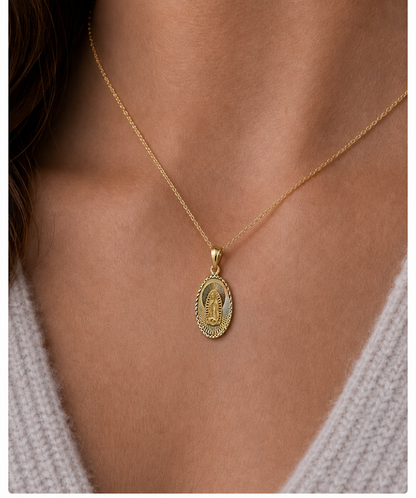 14K Two-Tone Virgen de Guadalupe Oval Textured Pendant