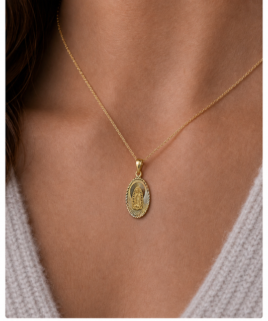 14K Two-Tone Virgen de Guadalupe Oval Textured Pendant