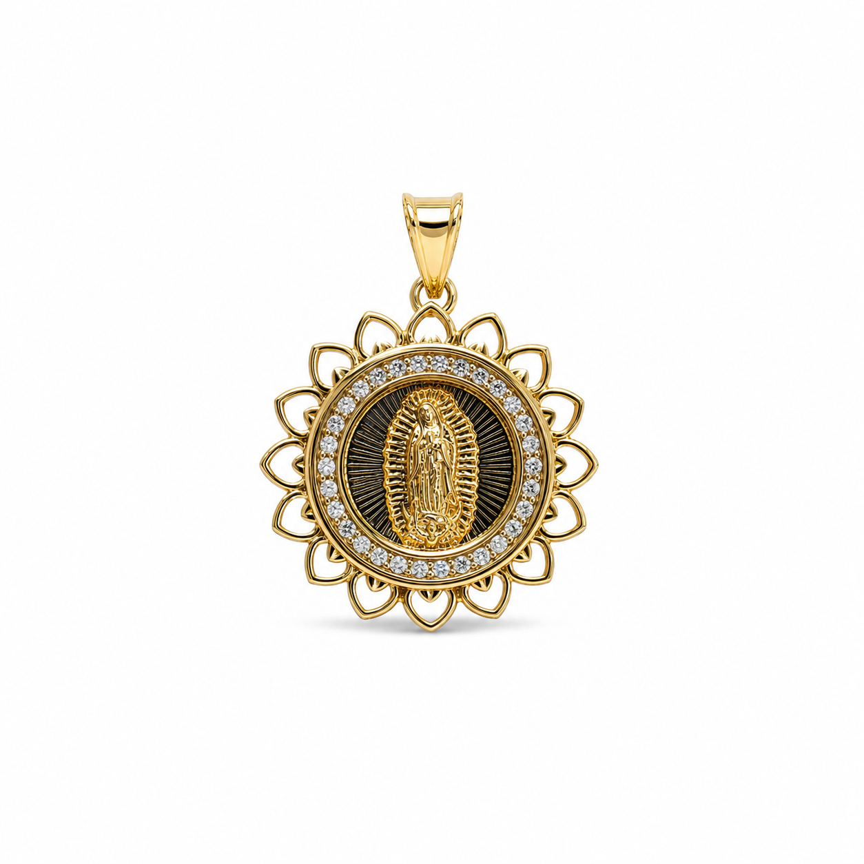 14K Gold Virgen de Guadalupe Floral Pendant with Clear Stone Halo