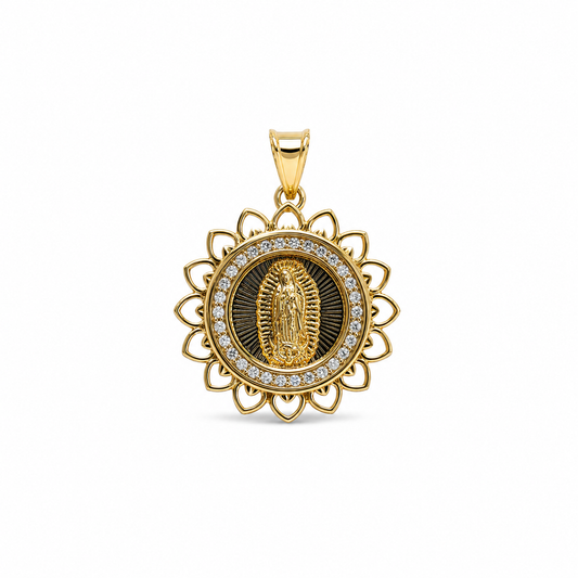 14K Gold Virgen de Guadalupe Floral Pendant with Clear Stone Halo