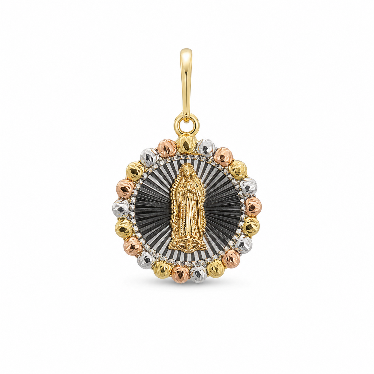 14K Gold Tri-Tone Virgen de Guadalupe Round Textured Pendant