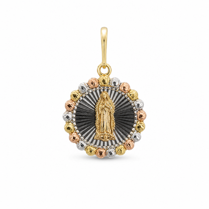 14K Gold Tri-Tone Virgen de Guadalupe Round Textured Pendant