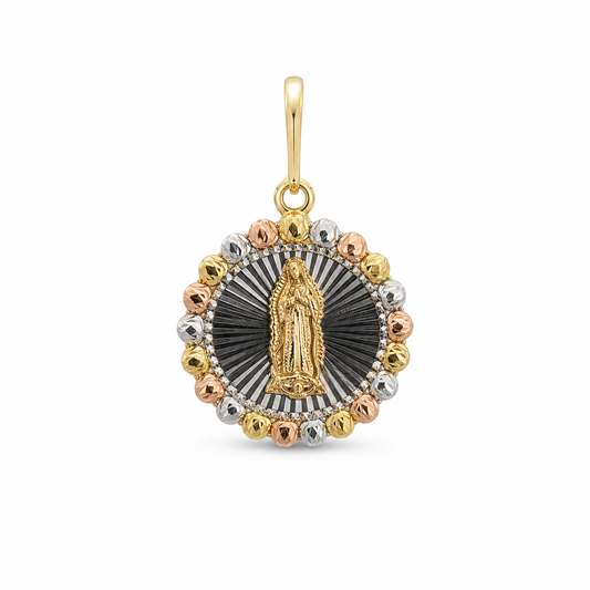 14K Gold Tri-Tone Virgen de Guadalupe Round Textured Pendant