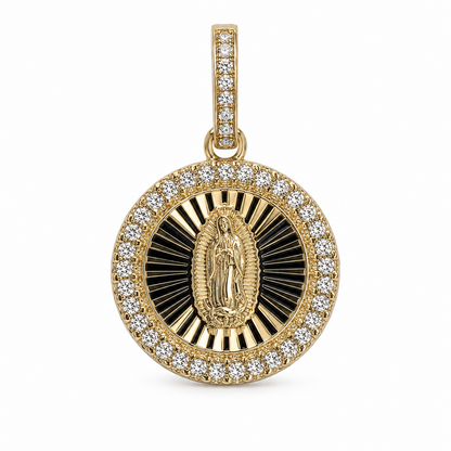 14K Gold Virgen de Guadalupe Round Pendant with Clear Stone Halo