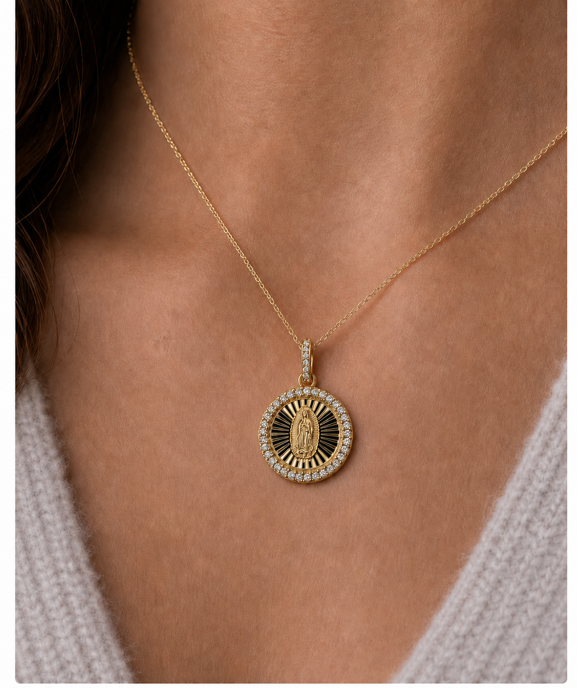 14K Gold Virgen de Guadalupe Round Pendant with Clear Stone Halo