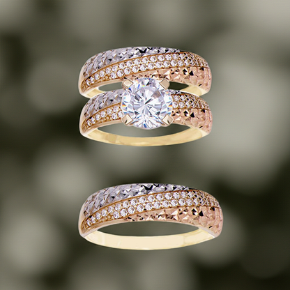 Engagement Trio Matching 3 Piece Set Rings CZ Tricolor Gold 14k