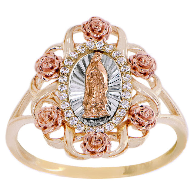 Guadalupe Rose Oval Lady Ring CZ Tricolor Gold 14k Size 8